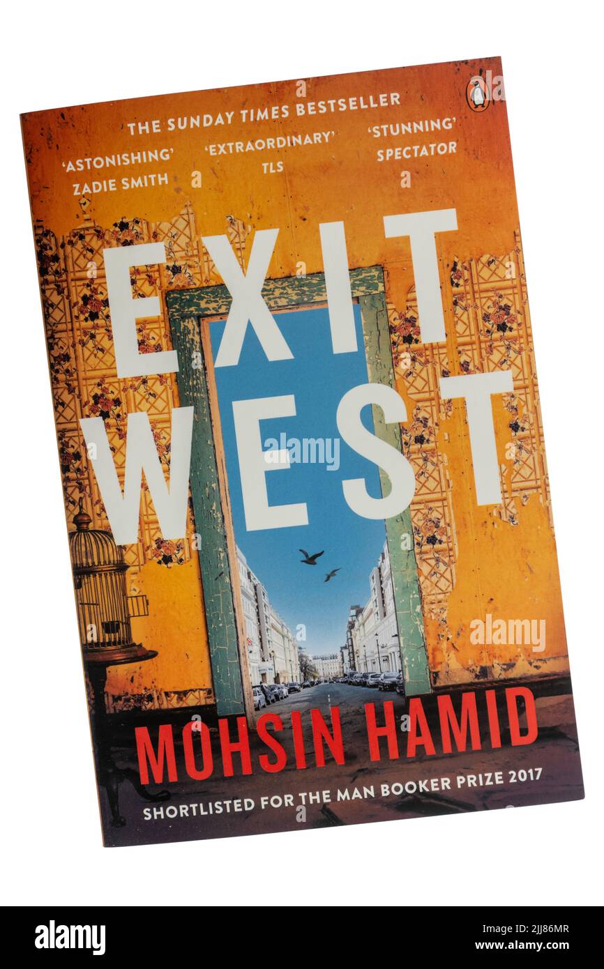 Exit West, a paperback book cover, 2017 novel by Mohsin Hamid Stock Photo