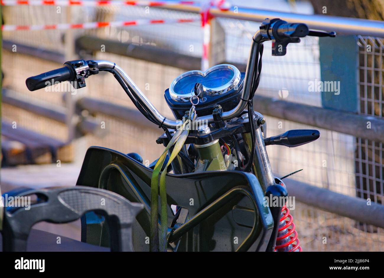 Cargo motorcycle, view on the handlebar closeup Stock Photo
