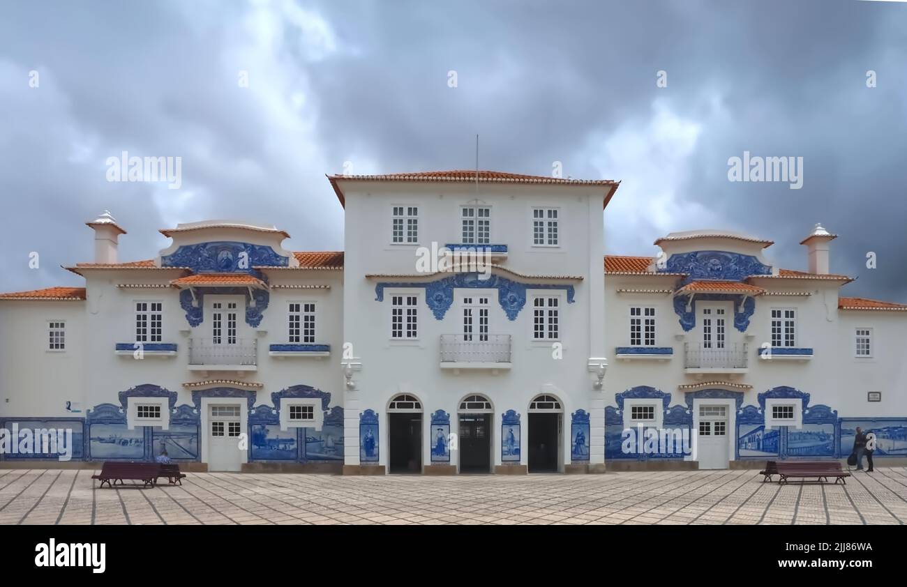 Beautiful white railway station building in Aveiro with portuguese ...