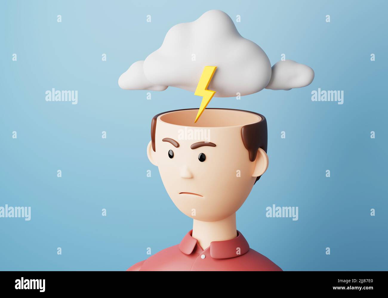Evil man. Clouds and lightning above the head is a symbol of anger. 3d render. Stock Photo