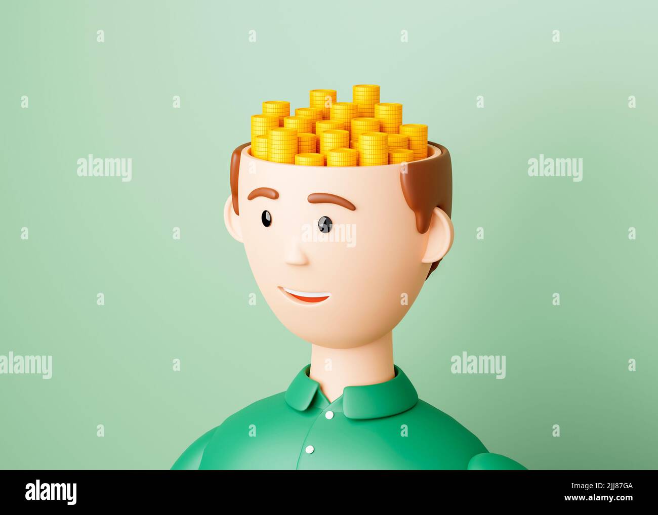 Thoughts about money. The head is full of gold coins. The concept of wealth and success. 3d render. Stock Photo
