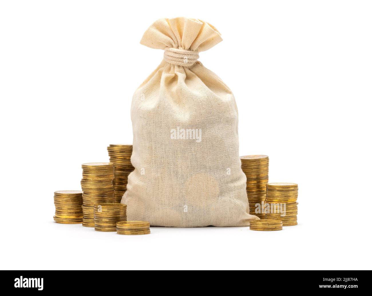 Money bag with stacks of gold coins isolated on white background