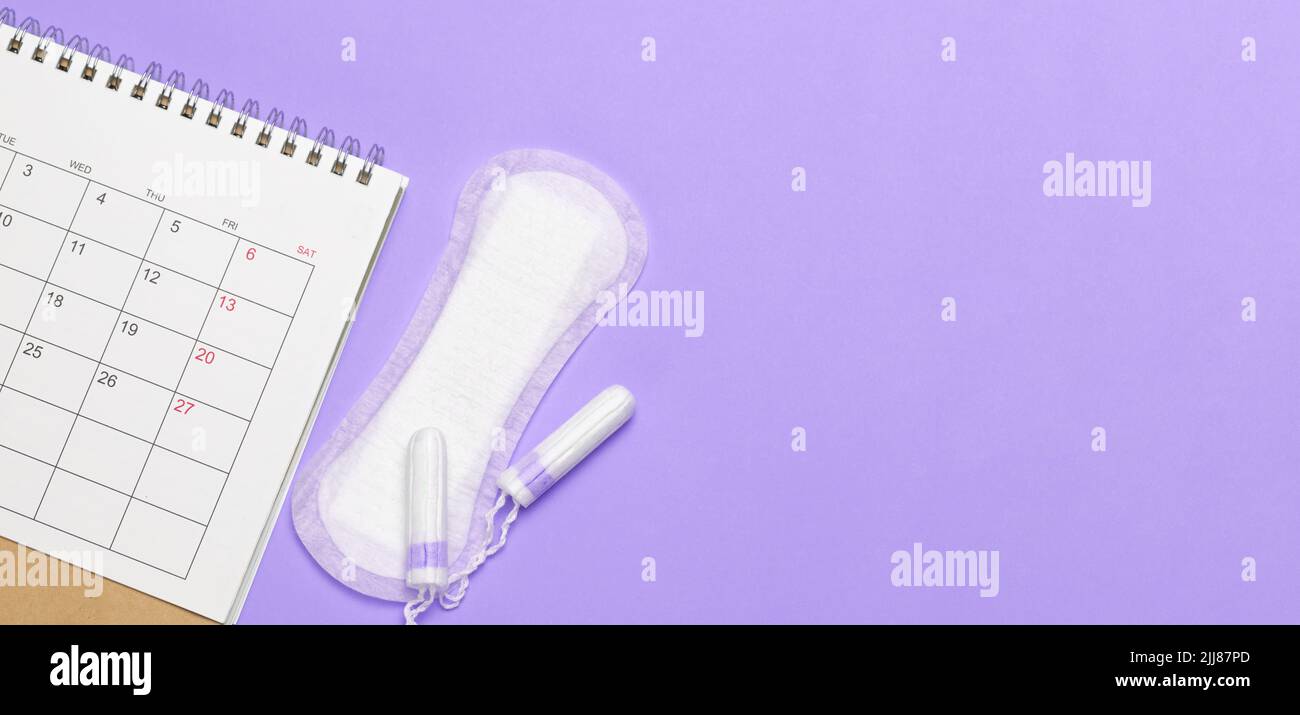 Menstruation calendar. Calendar with pads and tampons on a purple background. Template Copy space for text. mock-up. Stock Photo