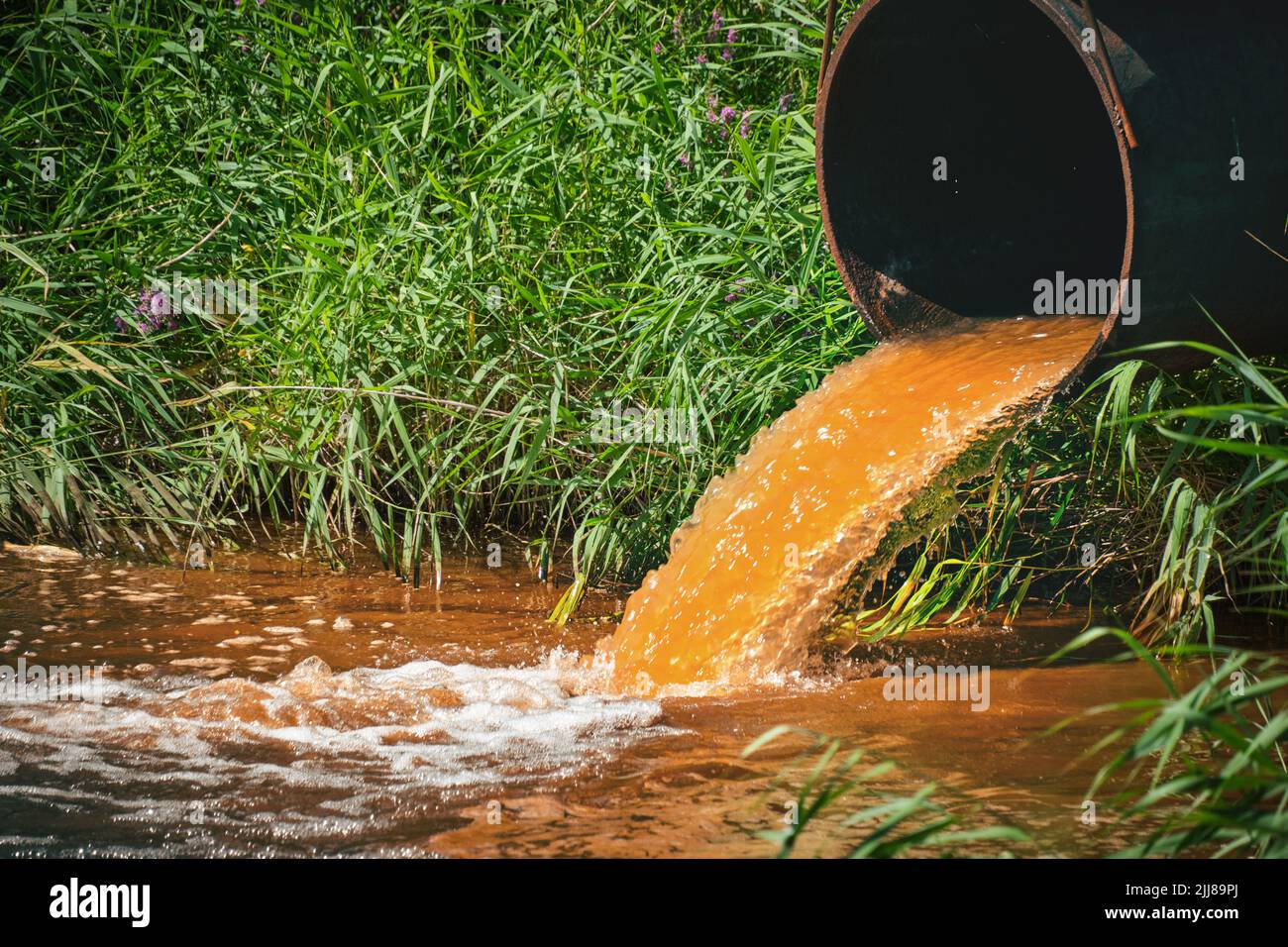 Industrial waste in form orange water flowing from pipe into river Stock Photo Alamy