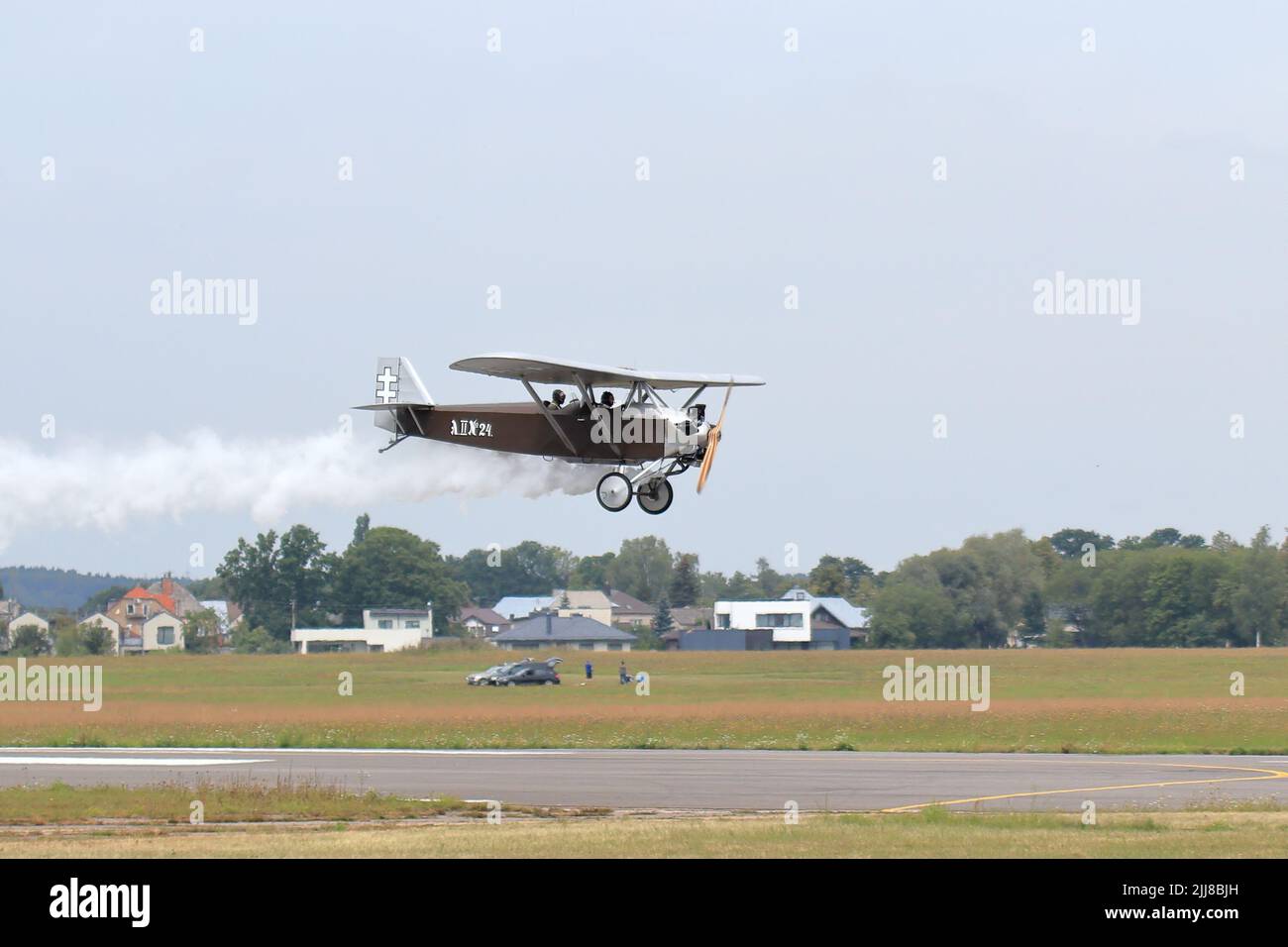 KAUNAS / LITHUANIA - August 10, 2019: Lithuanian ANBO II replica vintage aircraft (originally designed by Antanas Gustaitis in 1927) flying display Stock Photo