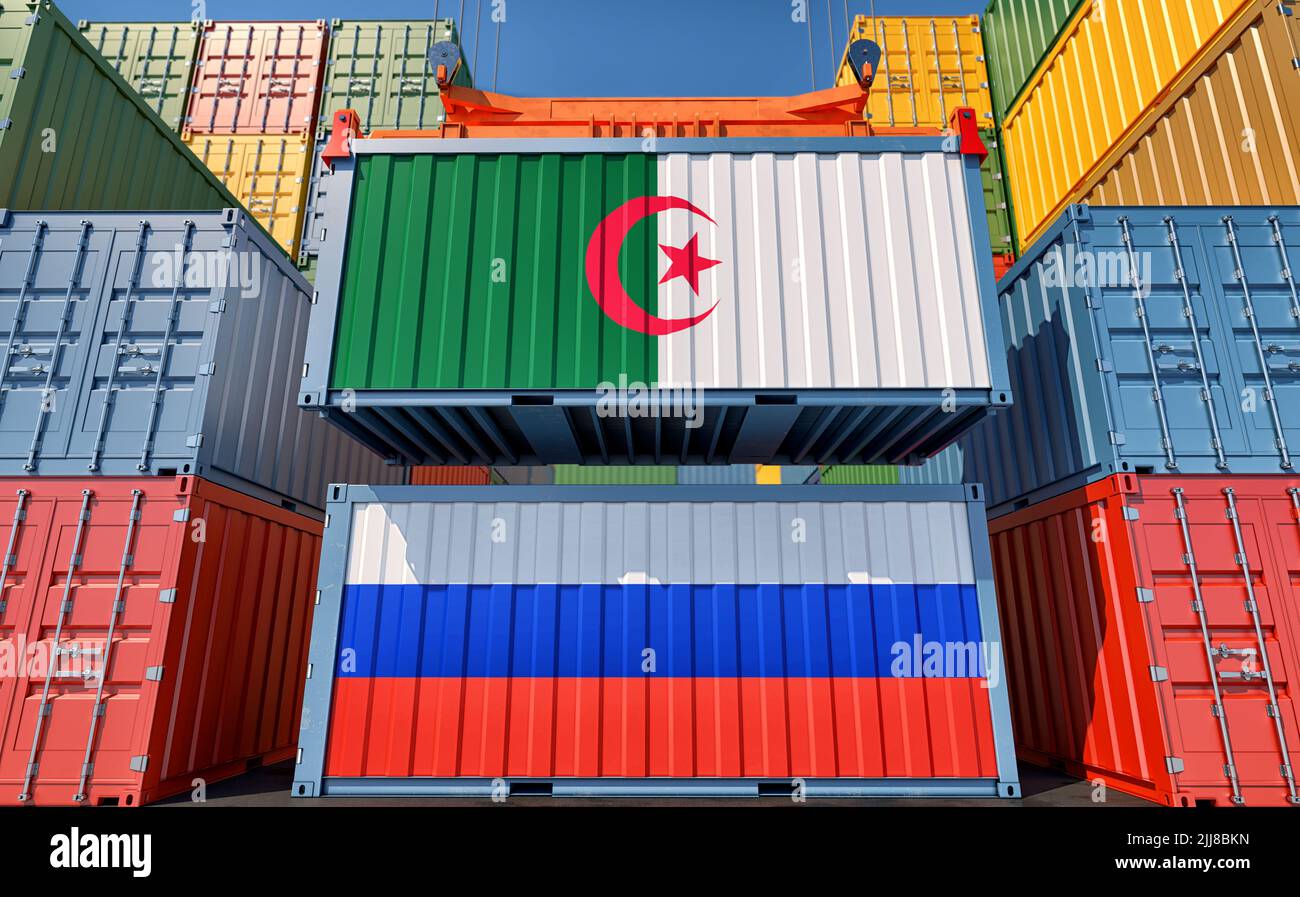 Cargo containers with Algeria and Russia national flags. 3D Rendering Stock Photo