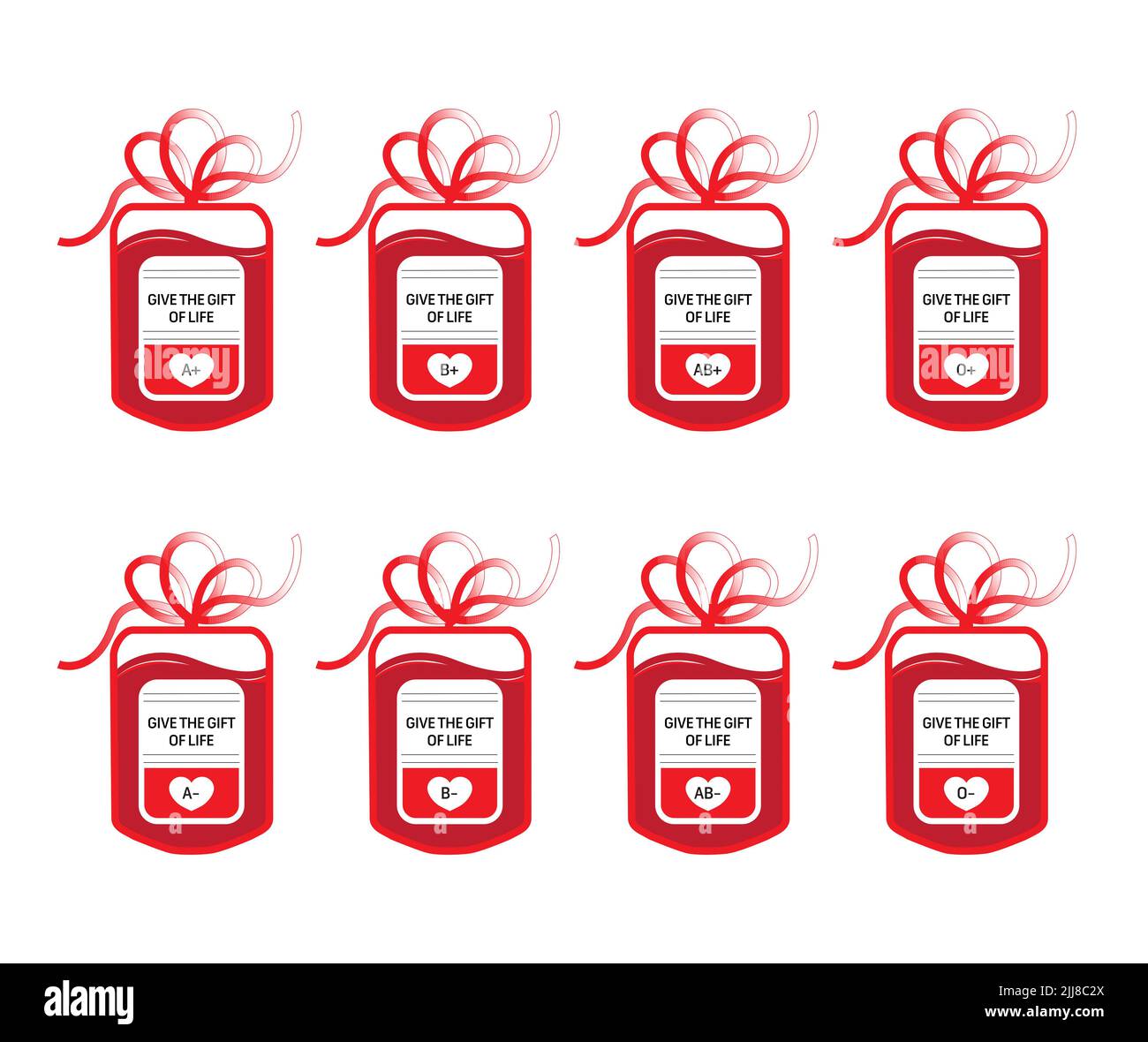 Eight blood donation bags with tube shaped as a gift bow and the slogan: Give the Gift of Live. Four main blood groups of A, B, AB and O with RH-negat Stock Photo