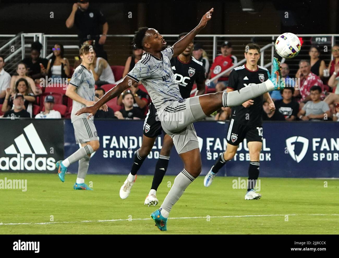WASHINGTON, DC, USA - 23 JULY 2022: CF Montréal forward Mason Toye (13) pulls in a high ball during a MLS match between D.C United and C.F. Montreal, on July 23, 2022, at Audi Field, in Washington, DC. (Photo by Tony Quinn-Alamy Live News) Stock Photo