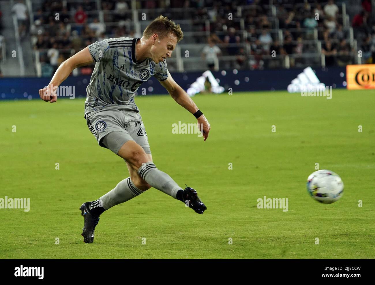 WASHINGTON, DC, USA - 23 JULY 2022: CF Montréal defender Alistair Johnston (22) fires off a shot during a MLS match between D.C United and C.F. Montreal, on July 23, 2022, at Audi Field, in Washington, DC. (Photo by Tony Quinn-Alamy Live News) Stock Photo