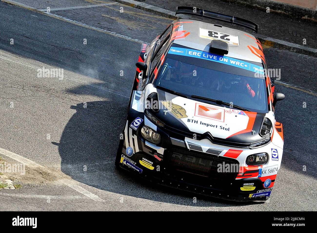 The driver Lukasz Kotarba and his Tomasz Kotarba aboard their Citroen C3 Rally2  car, during the Colle San Maro - Roccasecca stage of the 10 edition of the FIA European Rally Championship 'Rally di Roma Capitale' which was held in the Lazio region. Santopadre, Italy, 23 July 2022. (photo by Vincenzo Izzo/Sipa USA) Stock Photo