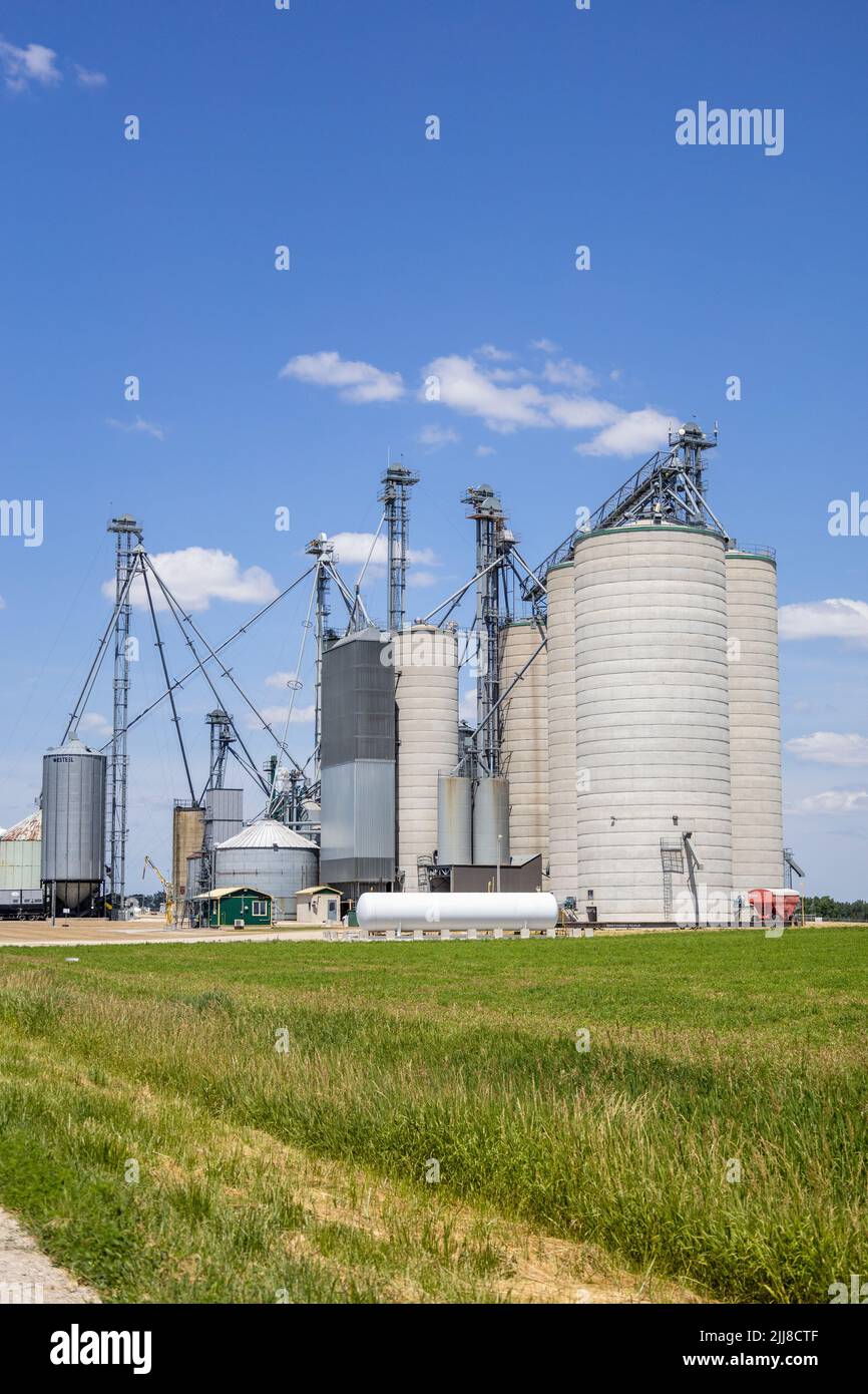 Large Agriculture Concrete Tower Grain Storage Silos In Bruce County, Ontario Canada Stock Photo