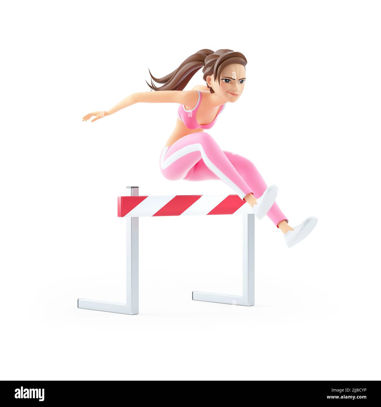 3d sporty woman jumping over hurdle, illustration isolated on white ...