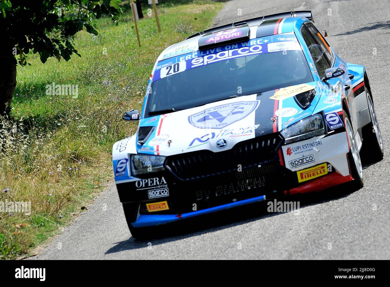 The driver Tommaso Ciuffi and his co-driverNicolò Gonella aboard their Skoda Fabia Rally 2 Evo  car, during the Santopadre - Fontana Liri stage of the 10 edition of the FIA European Rally Championship 'Rally di Roma Capitale' which was held in the Lazio region. Santopadre, Italy, 23 July 2022. (photo by Vincenzo Izzo/Sipa USA) Stock Photo