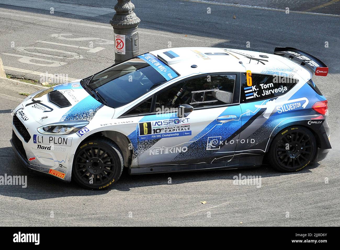 The driver Ken Torn and his Ken Järveoja aboard their Ford Fiesta MK2  car, during the Colle San Maro - Roccasecca stage of the 10 edition of the FIA European Rally Championship 'Rally di Roma Capitale' which was held in the Lazio region. Santopadre, Italy, 23 July 2022. (photo by Vincenzo Izzo/Sipa USA) Stock Photo