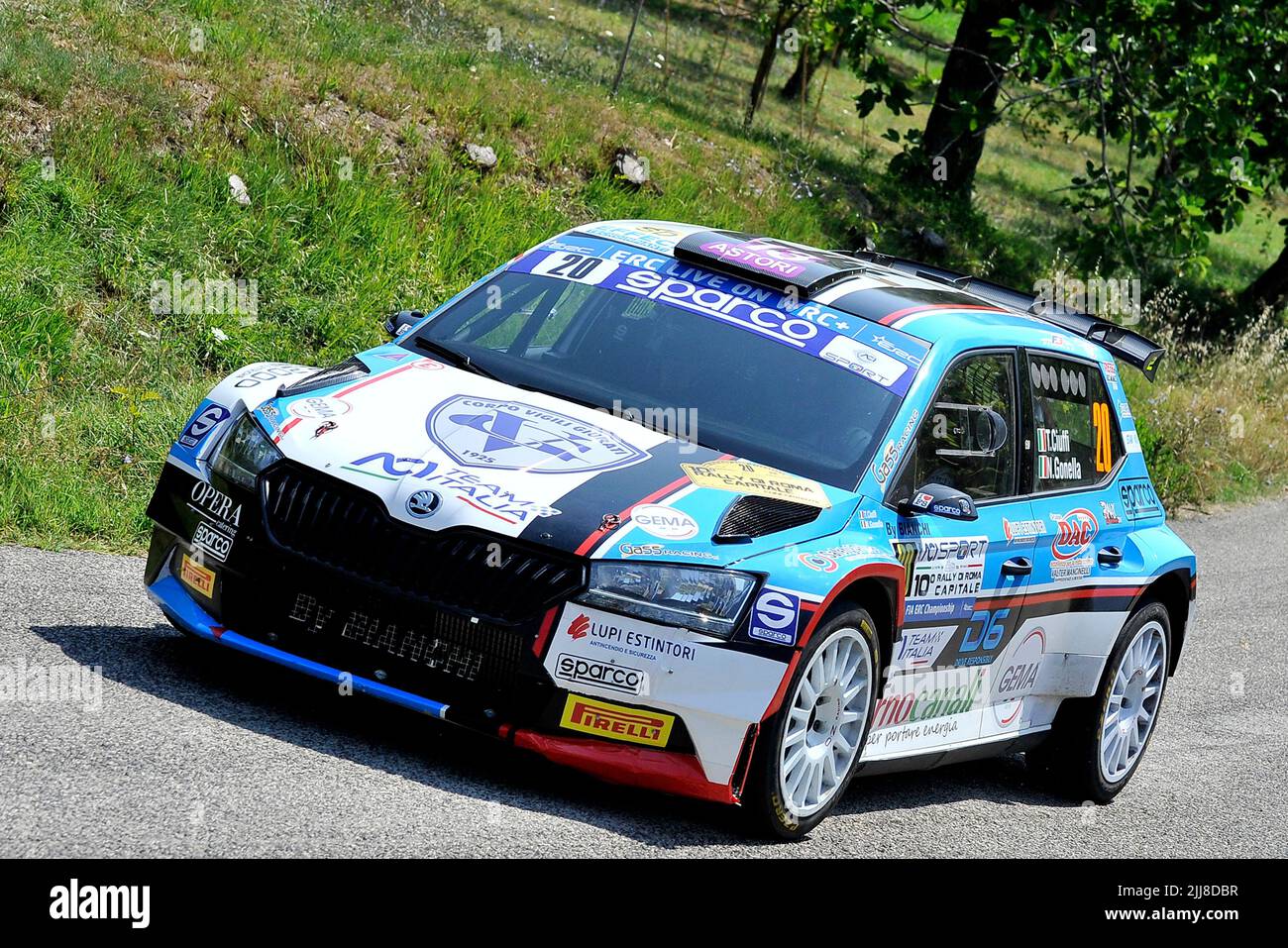 The driver Tommaso Ciuffi and his co-driverNicolò Gonella aboard their  Skoda Fabia Rally 2 Evo car, during the Santopadre - Fontana Liri stage of  the 10 edition of the FIA European Rally