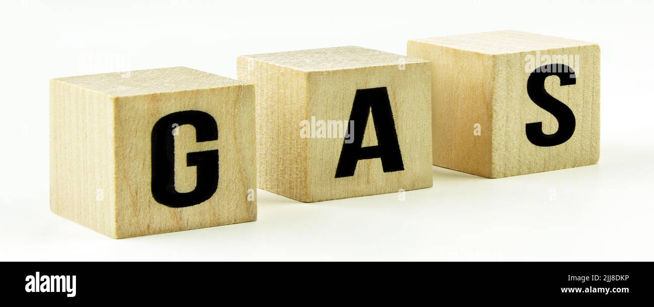 Gas Energie Symbolik auf Holz mit weissem Hintergrund Stock Photo
