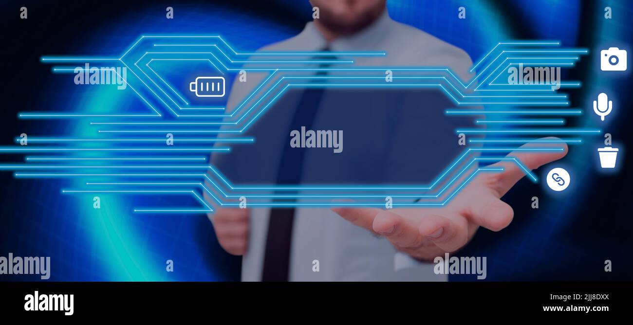 Businessman With Hand Presenting Crucial Information And Displaying Digital S With Glowing Lines In Futuristic Frame. Man In Necktie Showing Important Stock Photo