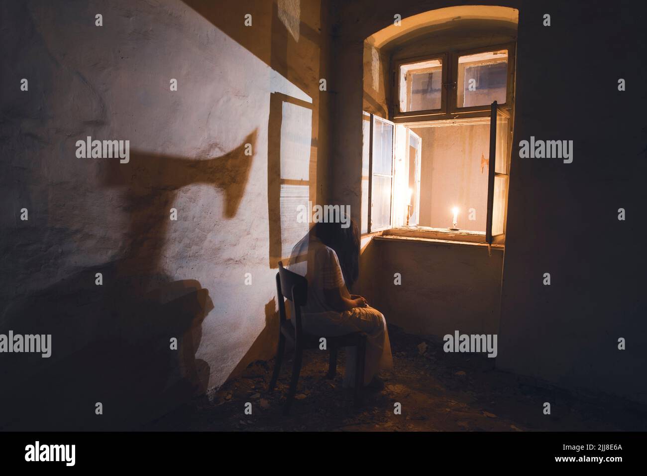 Ghost in abandoned, haunted house. Horror scene of scary spirit of a ...