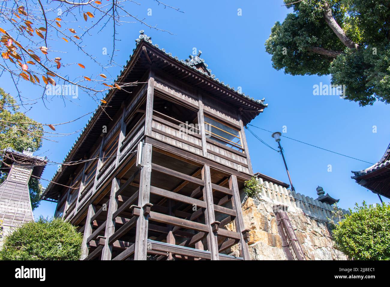 Old wooden observatory in Achi Jinja (Achi Shrine) Keidai. From the observatory, people can see the scenery of Kurashiki bikan historical quarter area Stock Photo