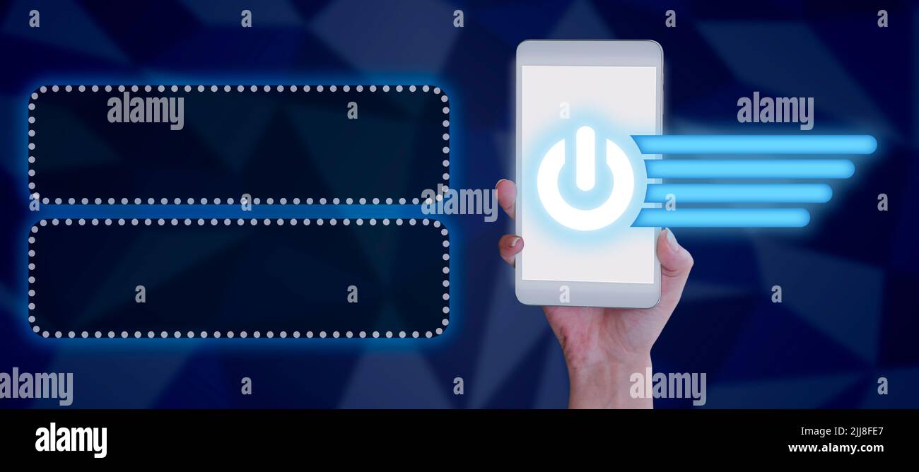 Hand Of Woman Holding Smartphone Displaying Digital Power Button With ...