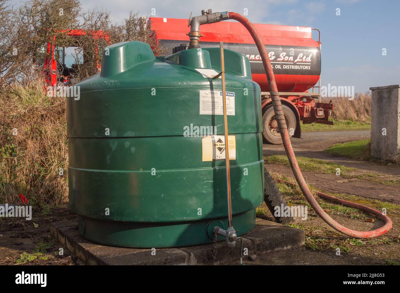 Oil being pumped from road tanker into domestic tank Stock Photo Alamy