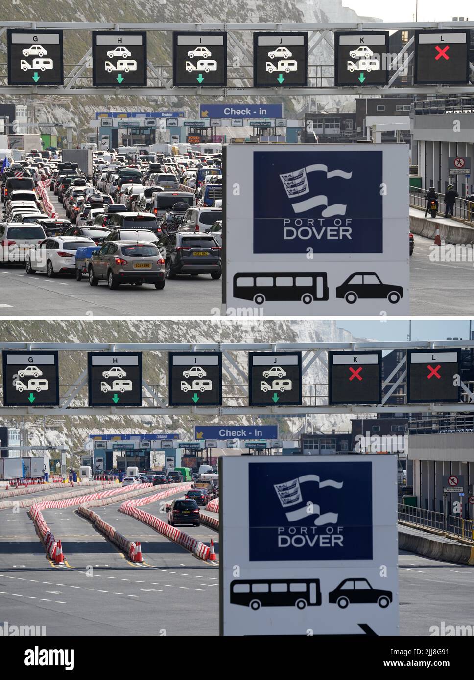 Comp of photos taken 23/7/22 (top) and 24/7/22 (bottom) of cars queuing at the check-in at the Port of Dover in Kent. Authorities have worked 'around the clock' to clear both freight and tourist traffic in Dover, the port said. Some 72,000 passengers - more than 200 miles of tourist and freight traffic combined - had been processed by Sunday morning. Issue date: Sunday July 24, 2022. Stock Photo