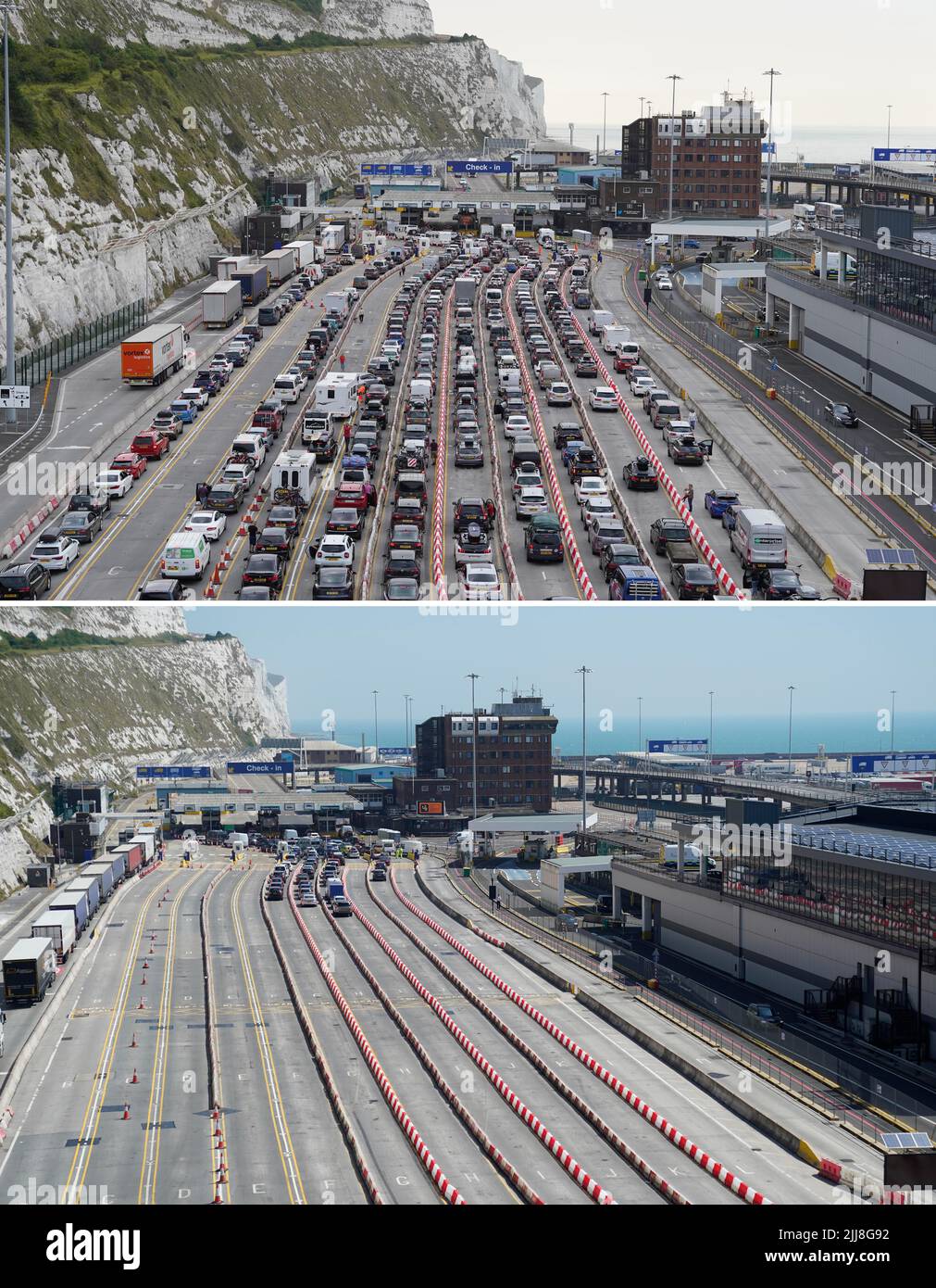 Comp of photos taken 23/7/22 (top) and 24/7/22 (bottom) of cars queuing at the check-in at the Port of Dover in Kent. Authorities have worked 'around the clock' to clear both freight and tourist traffic in Dover, the port said. Some 72,000 passengers - more than 200 miles of tourist and freight traffic combined - had been processed by Sunday morning. Issue date: Sunday July 24, 2022. Stock Photo