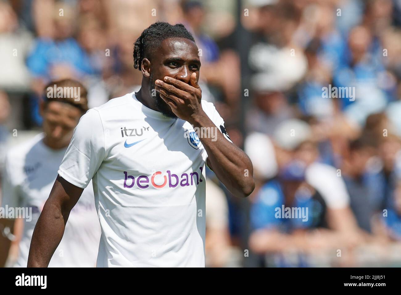 Genk's Joseph Paintsil reacts during a soccer match between Club Brugge and KRC Genk, Sunday 24 July 2022 in Brugge, on day 1 of the 2022-2023 'Jupiler Pro League' first division of the Belgian championship. BELGA PHOTO BRUNO FAHY Stock Photo