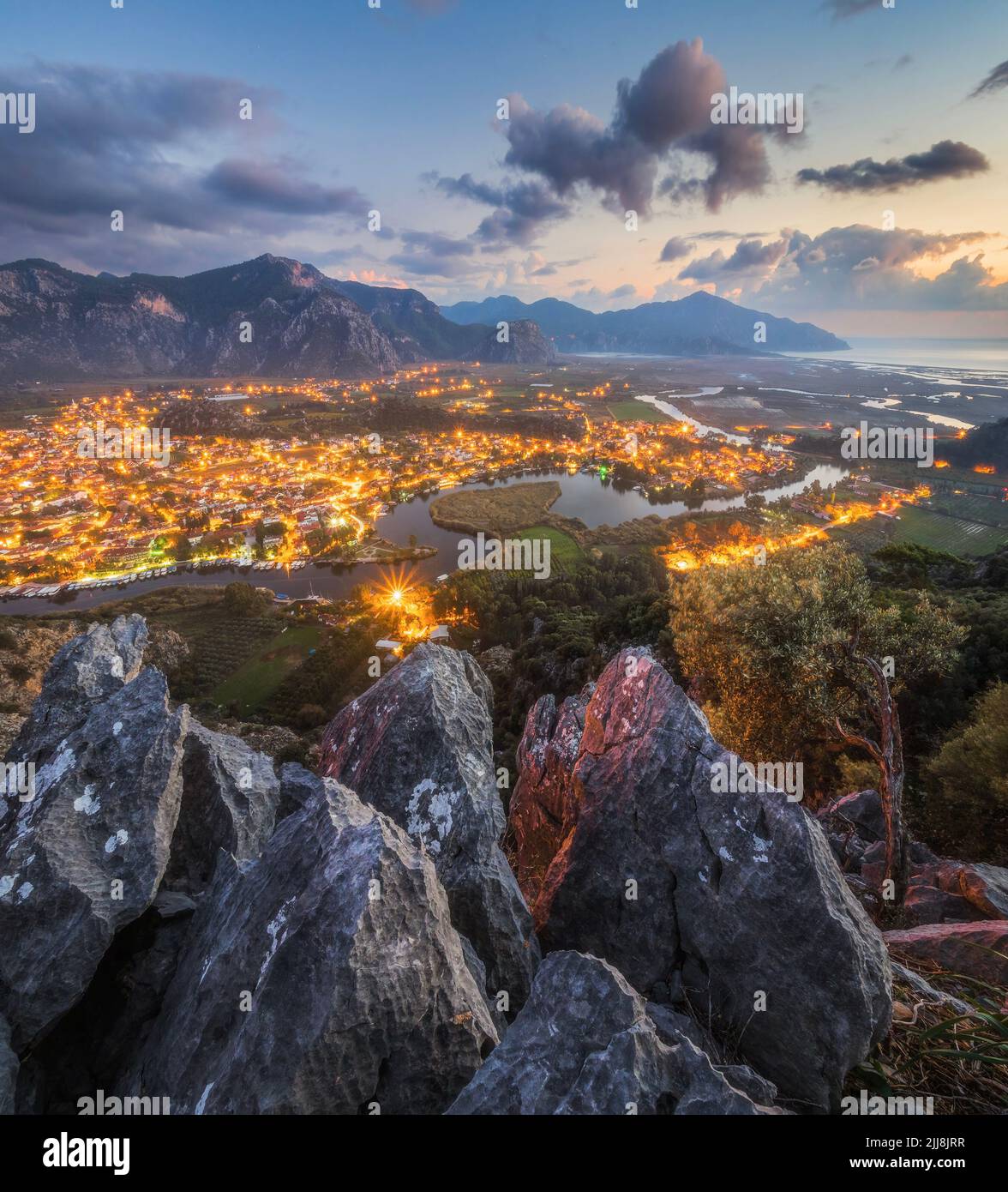 An aerial view of the small town in the mountains in the evening Stock ...