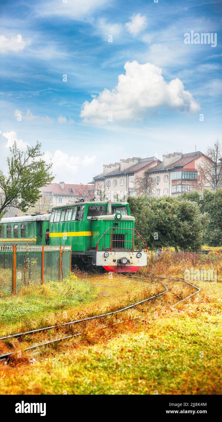 Train on narrow gauge railway in Ukraine. Location: Vyhoda village in ...
