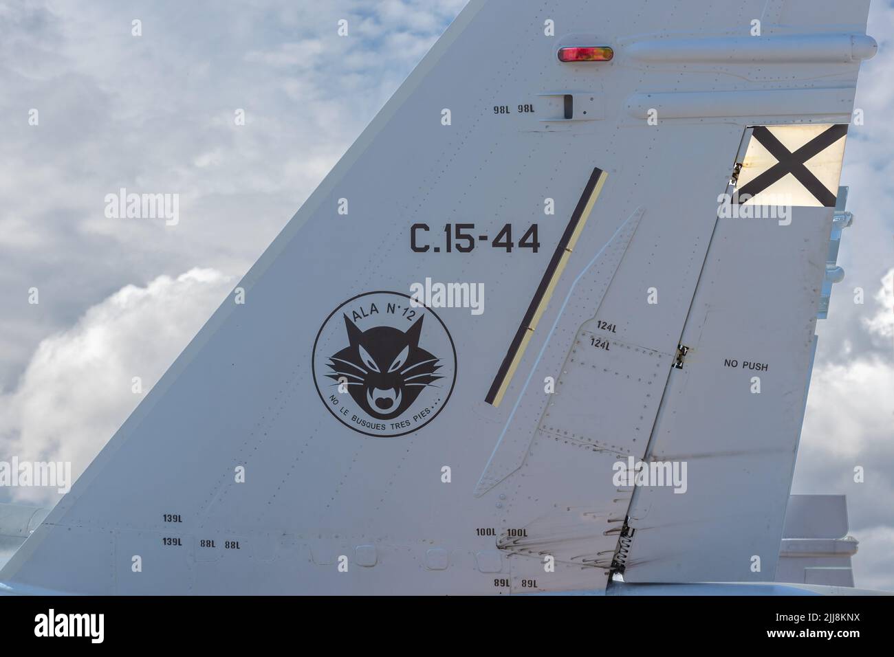 SIAULIAI / LITHUANIA - July 27, 2019: Vertical stabilizer of Spanish Air Force F-18 Hornet fighter jet aircraft Stock Photo