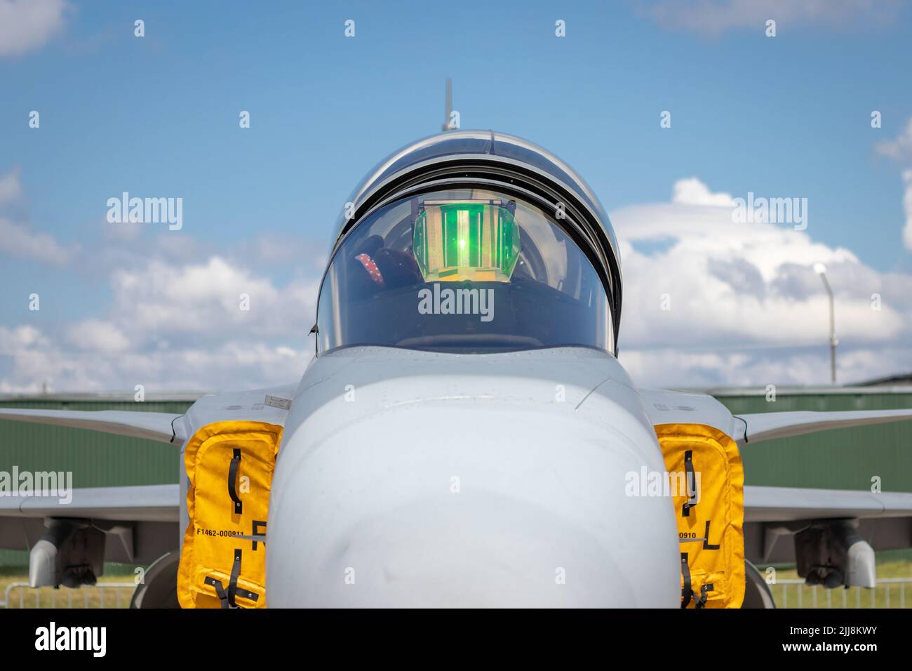 SIAULIAI / LITHUANIA - July 27, 2019: Saab JAS 39 Gripen fighter jet aircraft static display at air show Falcon Wings 2019 in Siauliai Air Base Stock Photo