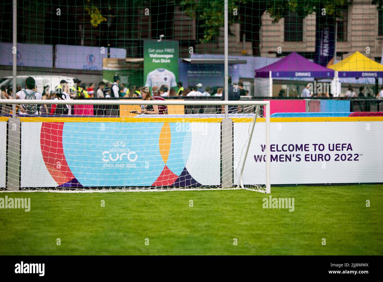 A view of a mini football pitch in the UEFA Women's Euro 2022 fans zone. The Mayor of London has opened a fans zone for UEFA Women's Euro 2022 at Trafalgar Square. England has won over Spain on Wednesday 20th July and enters into the quarter-final and facing Sweden next Tuesday. (Photo by Hesther Ng / SOPA Images/Sipa USA) Stock Photo