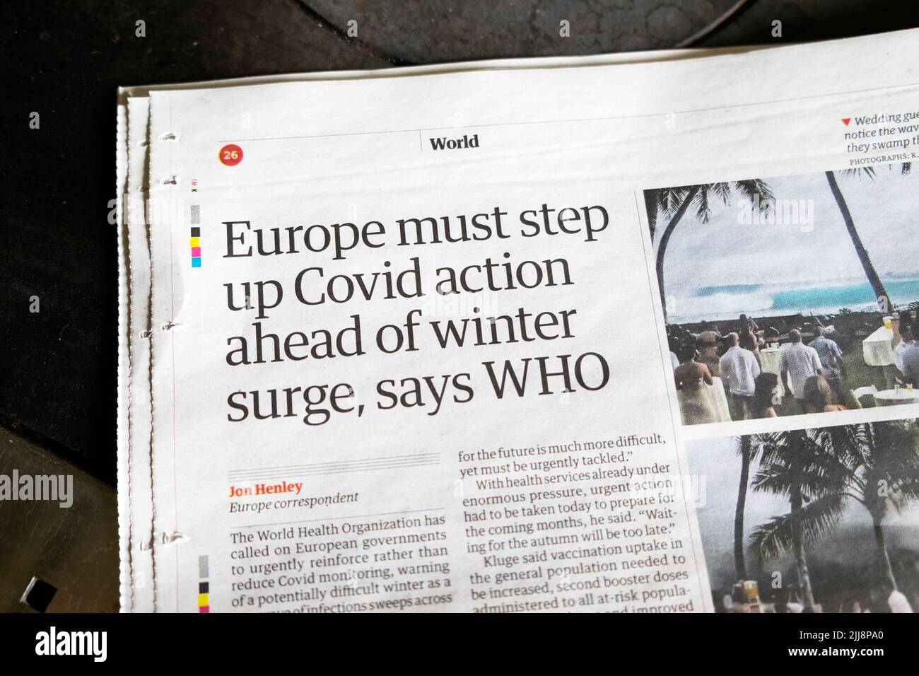 'Europe must step up Covid action ahead of winter surge, says WHO' Guardian newspaper headline increase in infections article 20 July 2022 London UK Stock Photo