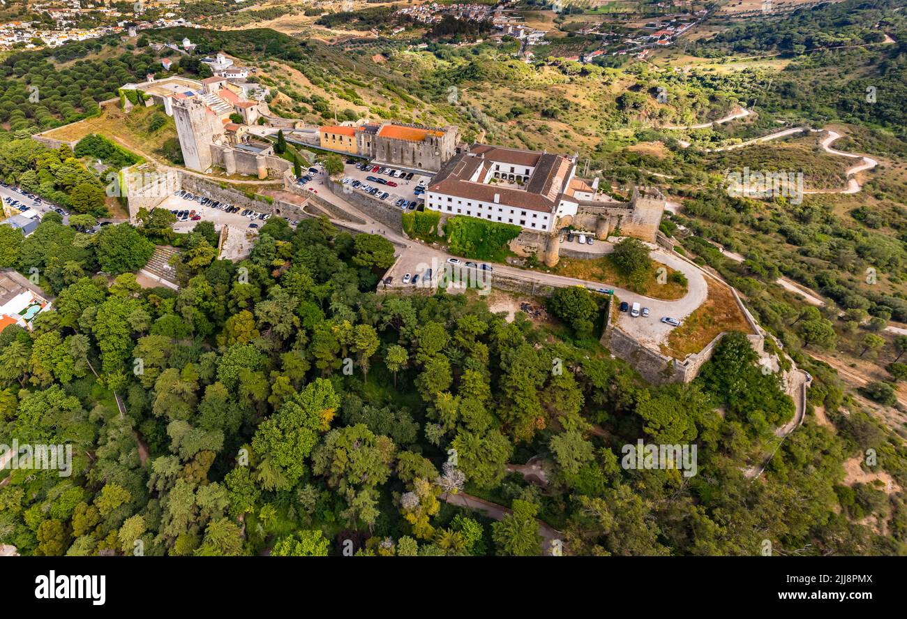 Aerial view of impressive Palmela Castle with the Serra da Arrabida east of Lisbon, Portugal Stock Photo