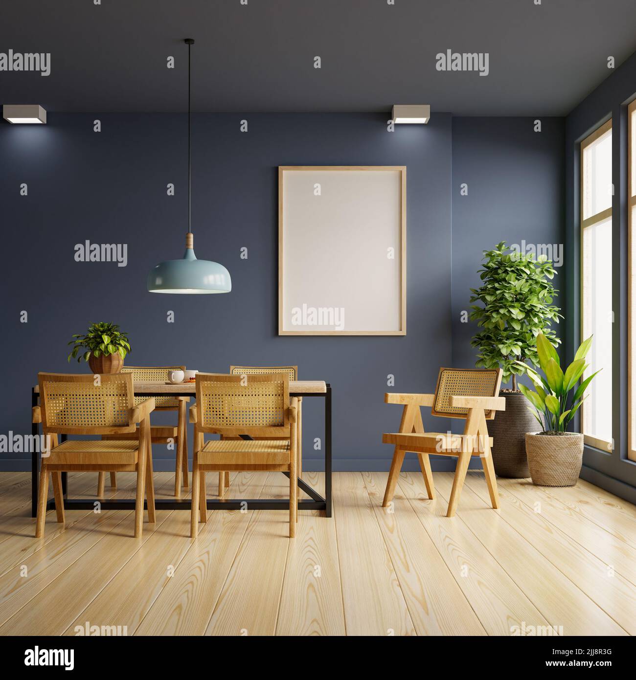 Mockup frame in modern dining room interior design with dark blue empty wall.3D rendering Stock Photo