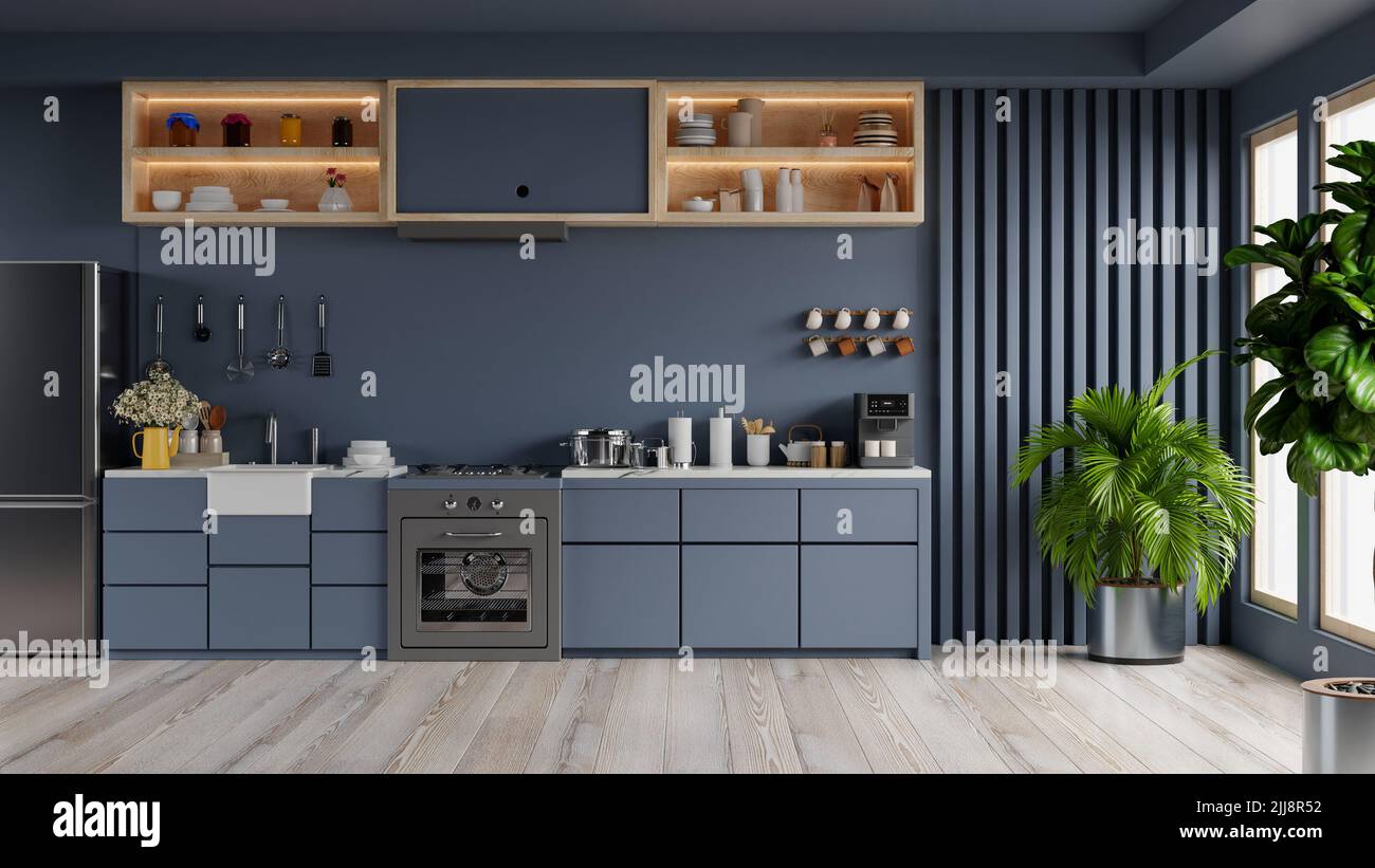 Luxury kitchen corner design with dark blue wall.3D rendering Stock Photo