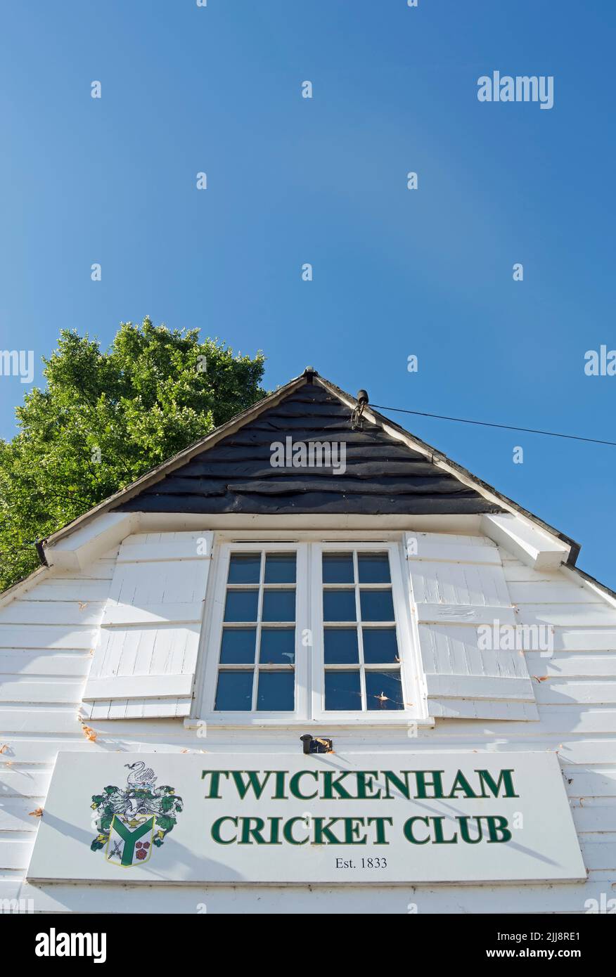 name sign on the pavilion of the 1833 twickenham cricket club, twickenham, middlesex, england Stock Photo