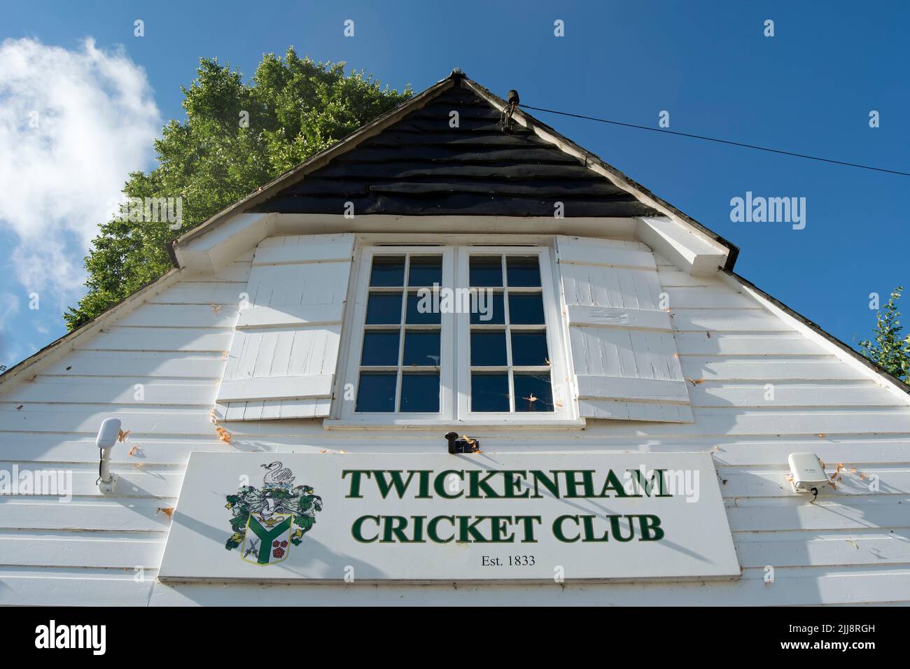 name sign on the pavilion of the 1833 twickenham cricket club, twickenham, middlesex, england Stock Photo
