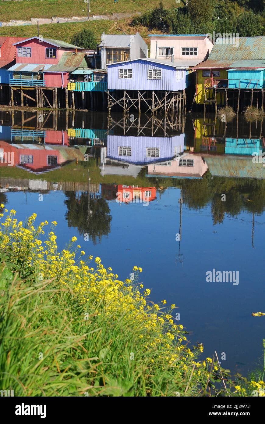 Stilt houses in the south of Chile Typical constructions of Castro on Chiloe Island. Vertical screen Stock Photo