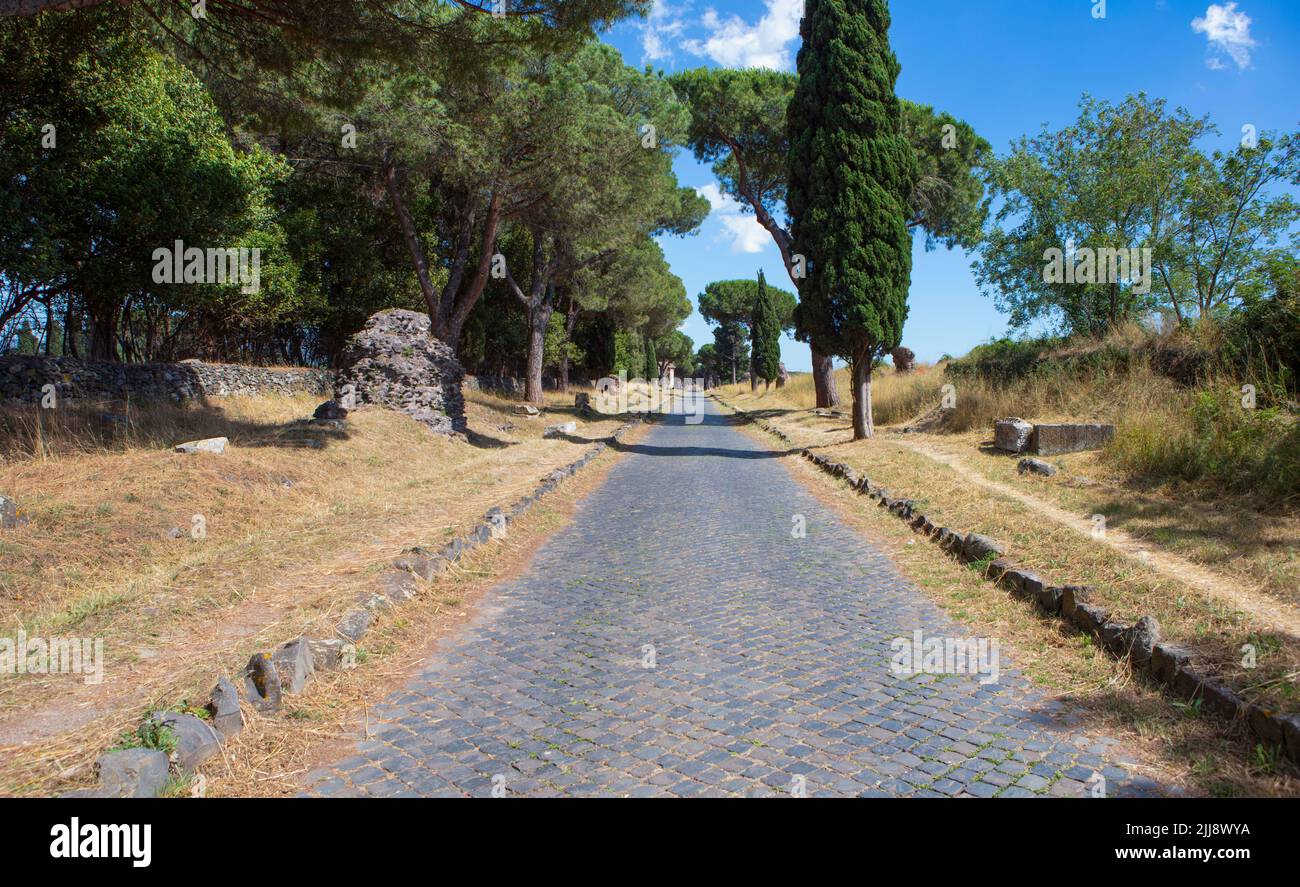 A view along the Via Appia, the ancient, tomb-lined Roman roadway which heads south out of the city of Rome. Stock Photo