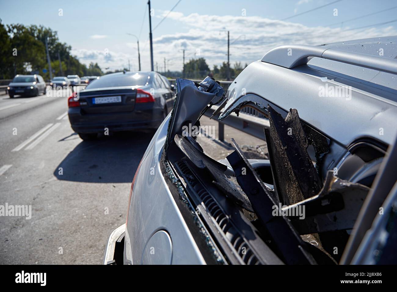 August 22, 2021, Riga, Latvia: car after accident on a road because of ...