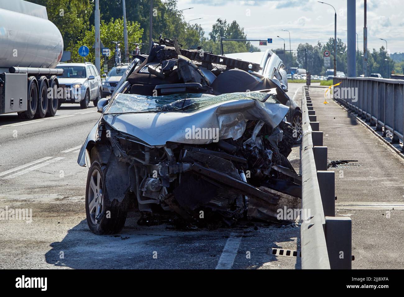 August 22, 2021, Riga, Latvia: car after accident on a road because of ...