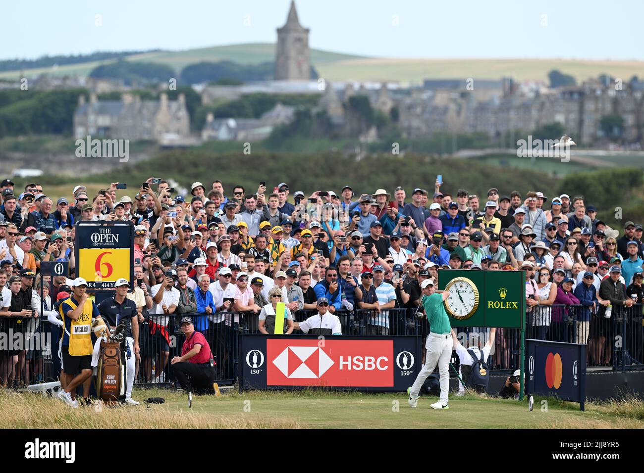 150th Open Golf Championships, St Andrews, July 16th 2022. Rory McIlroy tees off at the 6th during the third round at the Old Course, St Andrews. Stock Photo