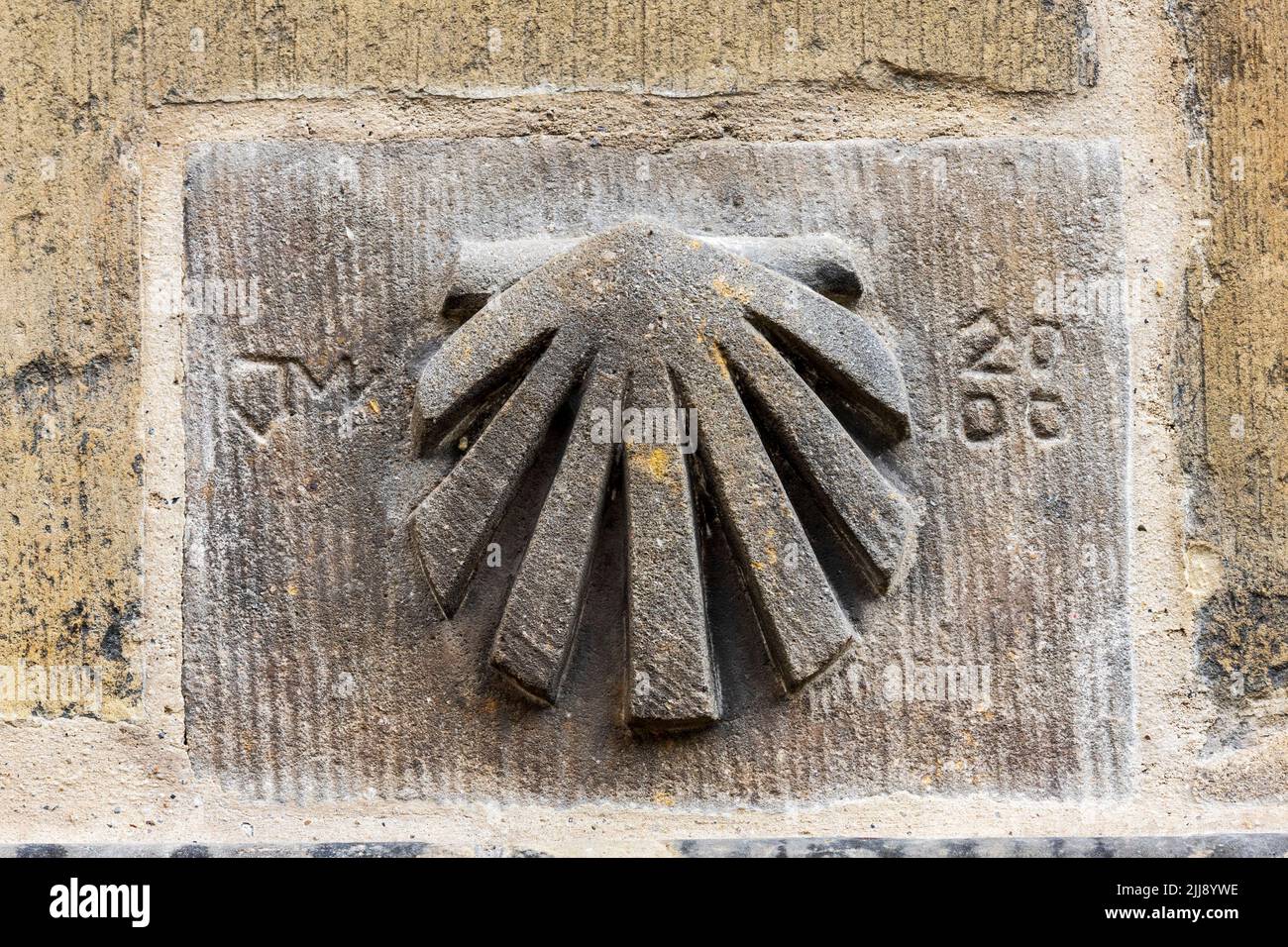 Jakobsmuschel, Scallop shell, symbol, Way of St. James, St Lamberti church, Münster, Westphalia, North Rhine-Westphalia, Germany Stock Photo