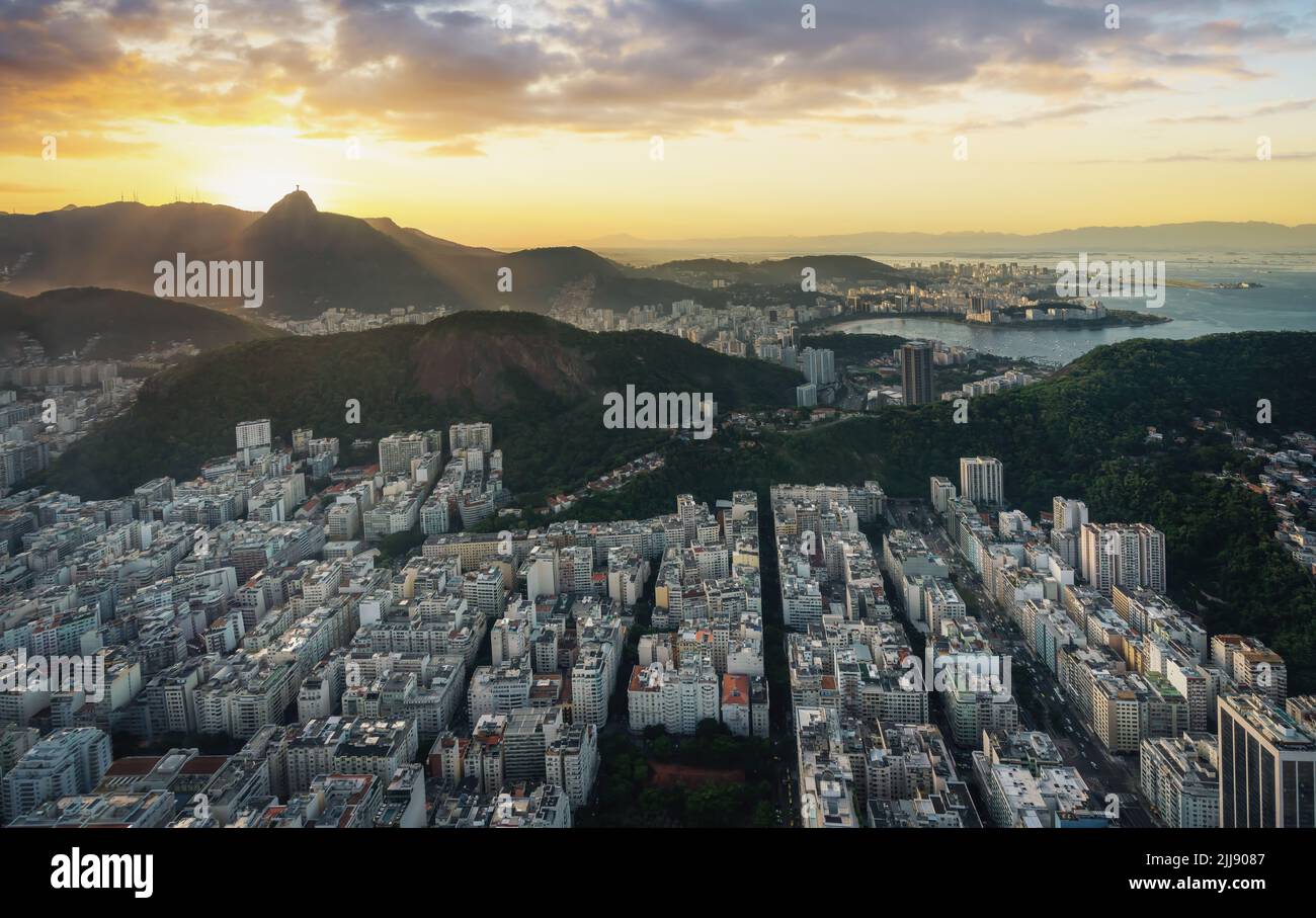 Aerial view of Copacabana at sunset with Corcovado Mountain - Rio de Janeiro, Brazil Stock Photo