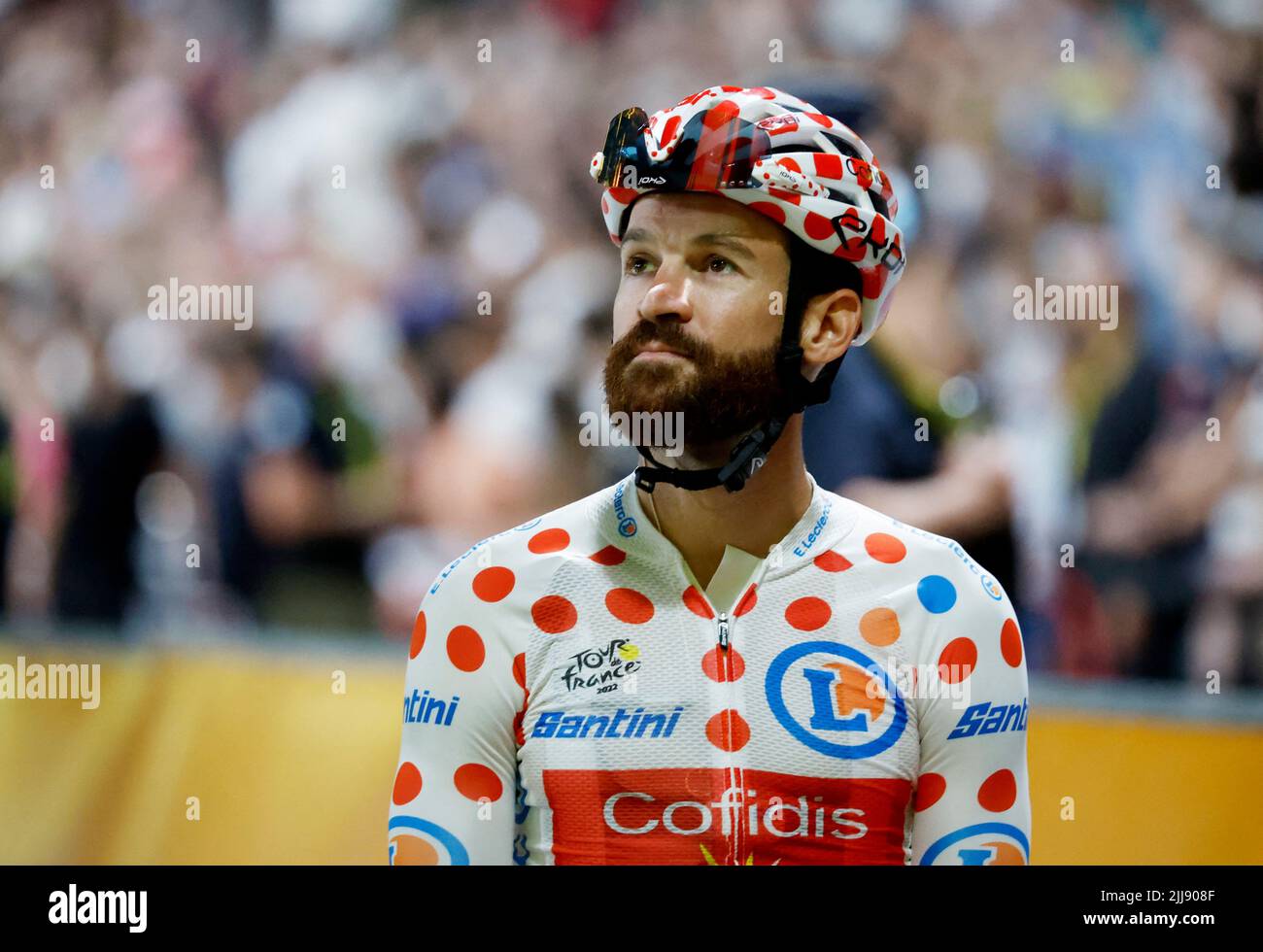 Cycling - Tour de France - Stage 21 - Paris La Defense Arena to Champs-Elysees - France - July 24, 2022 Cofidis' Simon Geschke wearing the polka-dot jersey before the start of stage 21 REUTERS/Gonzalo Fuentes Stock Photo