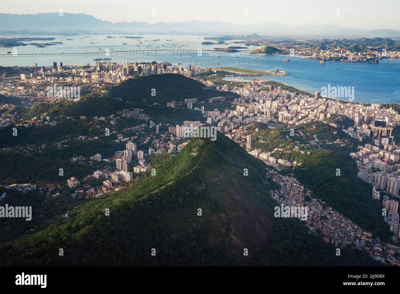 Aerial view of Rio with Santa Marta Hill and Rio-Niteroi Bridge - Rio de Janeiro, Brazil Stock Photo