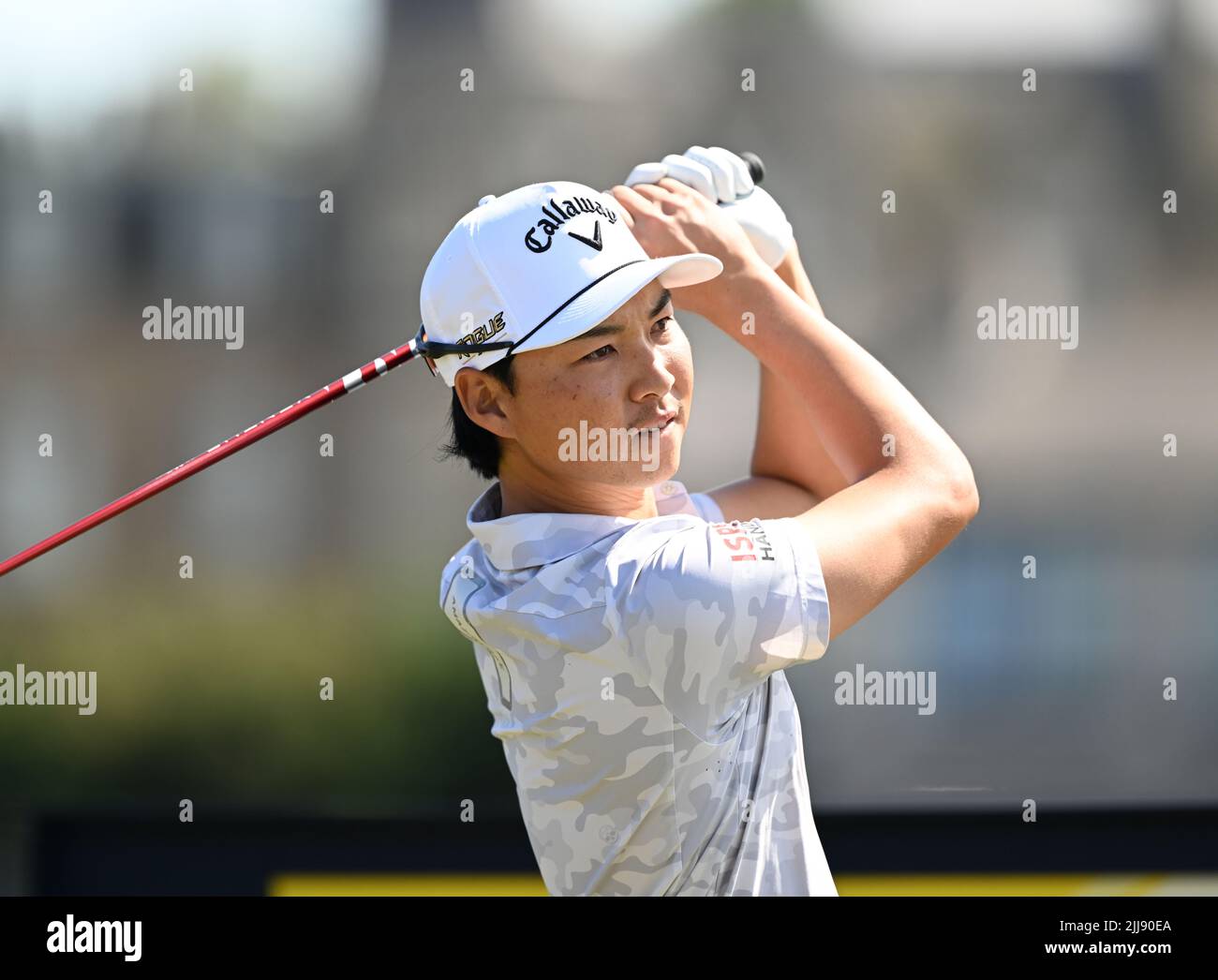 150th Open Golf Championships, St Andrews, July 16th 2022. Min Woo Lee tees off at the 2nd during the third round at the Old Course, St Andrews. Stock Photo