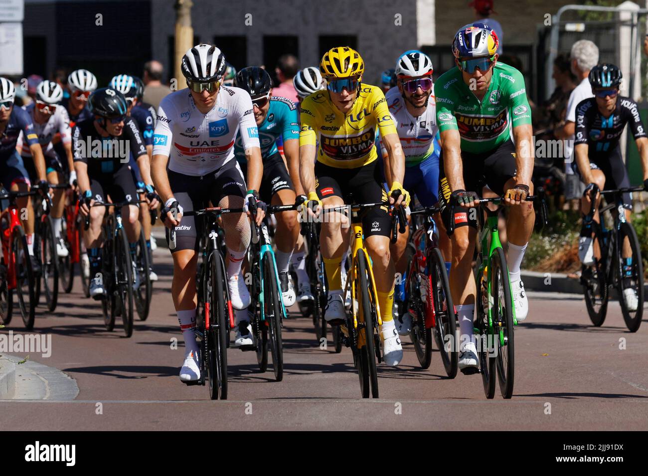 Cycling - Tour de France - Stage 21 - Paris La Defense Arena to Champs-Elysees - France - July 24, 2022 UAE Team Emirates' Tadej Pogacar, Jumbo - Visma's Jonas Vingegaard and Jumbo - Visma's Wout Van Aert in action with riders during stage 21 REUTERS/Gonzalo Fuentes Stock Photo